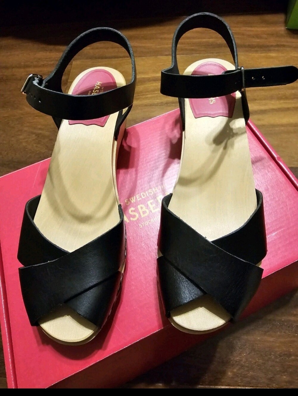 Swedish Hasbeens Black Leather Buckle Strappy Ankle Strap Women's Sandals EU 38